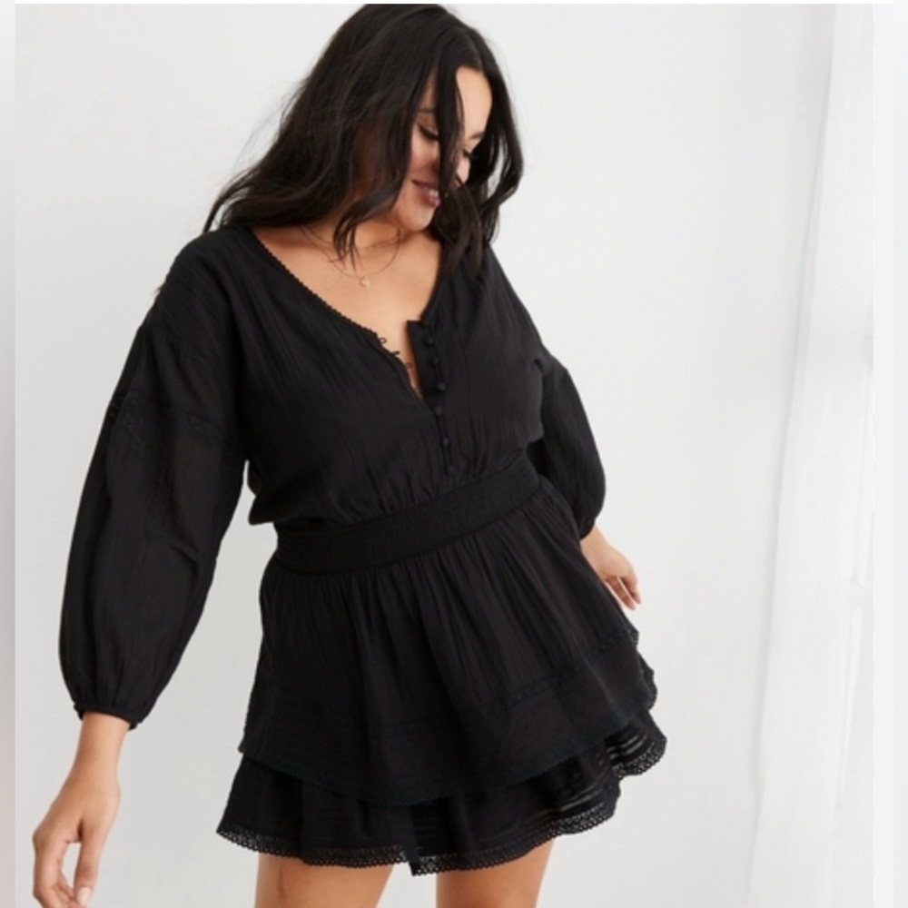 Arie Rock & Ruffle black tiered mini dress, 100% cotton, bohemian, size L